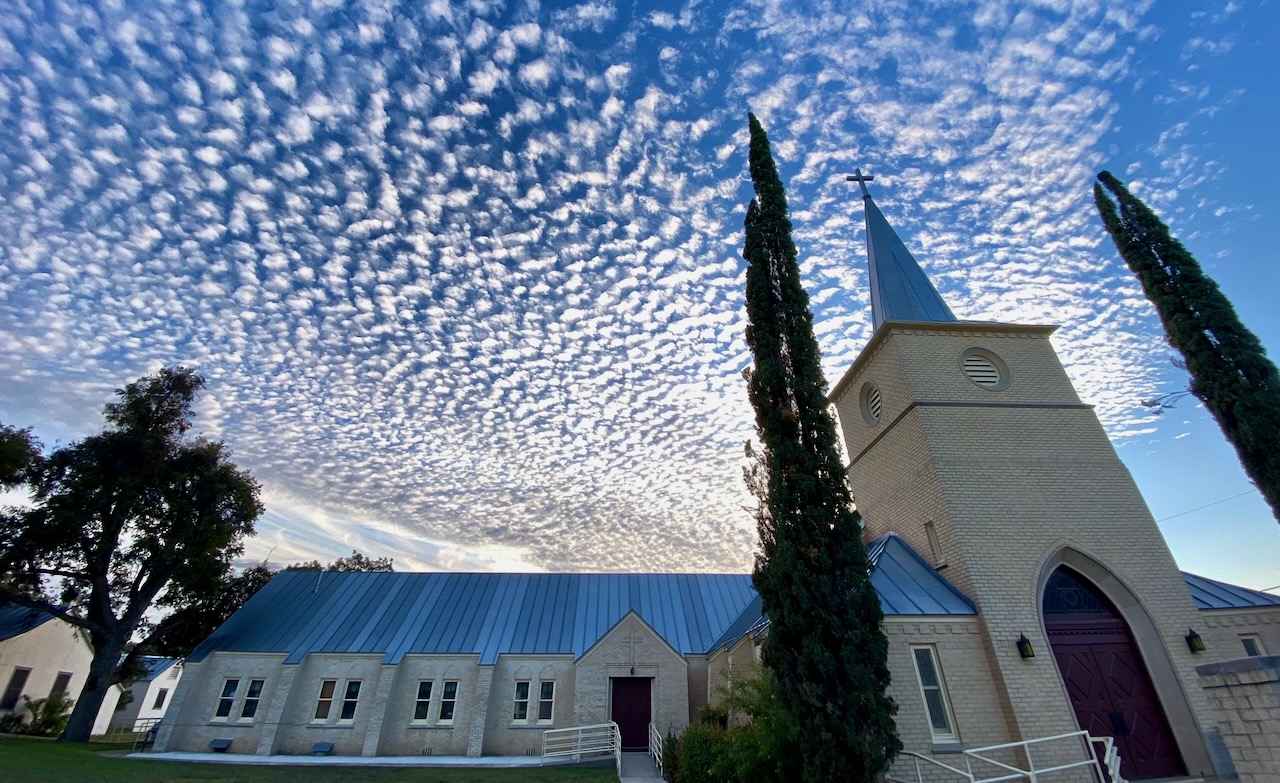 Sunset behind the sanctuary of Zion Lutheran in Castroville TX. We are right off Hwy 90 on Fiorella Street.